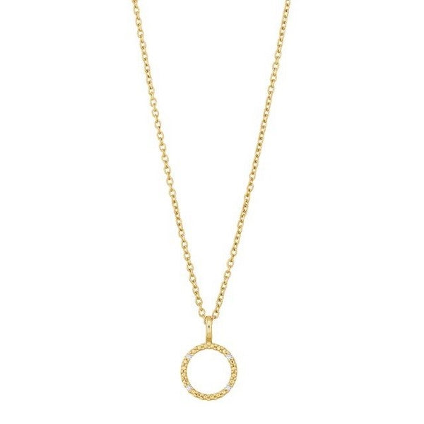 Siersbøl cirkelvedhæng i 14 kt gul guld med 0,02 ct diamant og forgyldt sølvkæde 45 cm.